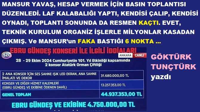 MANSUR YAVAŞ, HESAP VERMEK İÇİN BASIN TOPLANTISI DÜZENLEDİ. LAF KALABALIĞI YAPTI, KENDİSİ ÇALIP, KENDİSİ OYNADI, TOPLANTI SONUNDA DA RESMEN KAÇTI. EVET, TEKNİK KURULUM ORGANİZE İŞLERLE MİLYONLAR KASADAN ÇIKMIŞ. Ve MANSUR’un FAKA BASTIĞI 6 NOKTA