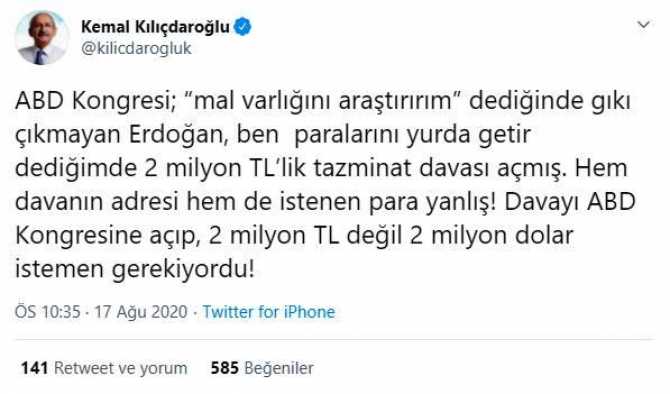 Kıluıçdaroğlu'ndan, Erdoğan'a tazminat davası cevabı : 