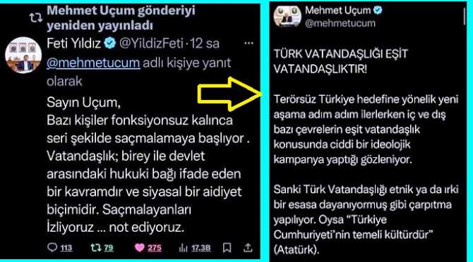 OF, OF.. FETİ YILDIZ ve MEHMET UÇUM’dan; “VATANDAŞLIK TARİFİ DEĞİŞTİRİLEBİLİR” diyen BİNALİ YILDIRIM’a ŞAMAR GİBİ CEVAPLAR. “SERİ SAÇMALAMALARINI İZLİYOR ve NOT EDİYORUZ”