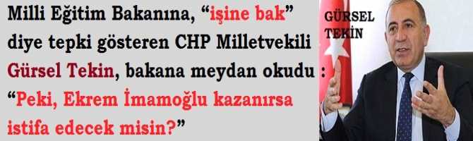 Milli Eğitim Bakanına, “işine bak” diye tepki gösteren CHP Milletvekili Gürsel Tekin, bakana meydan okudu : “Peki, Ekrem İmamoğlu kazanırsa istifa edecek misin?” 
